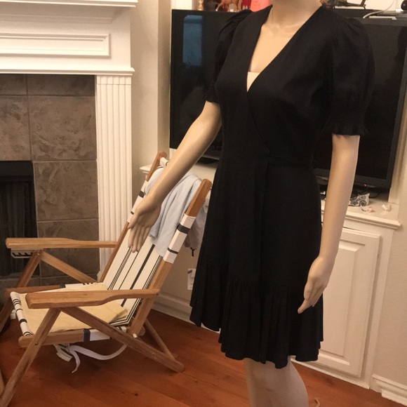 Antonio Melani Black Linen Surplice V-Neck Short Puff Sleeve Wrap Tie Dress - Picture 7 of 10